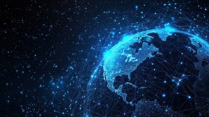 Abstract futuristic digital background with blue glowing global network and internet connections on a dark planet Earth globe. Digital technology, big data connection concept