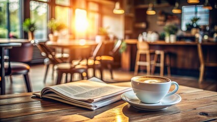 Coffee cup and newspaper on wooden table in cozy coffee shop setting, coffee, cup, newspaper, wooden table, coffee shop