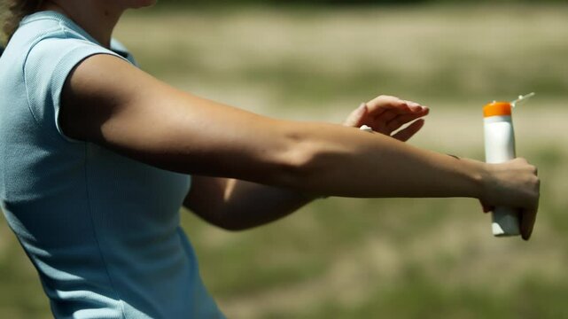 Woman applying sunscreen to her body. Healthy skin	
