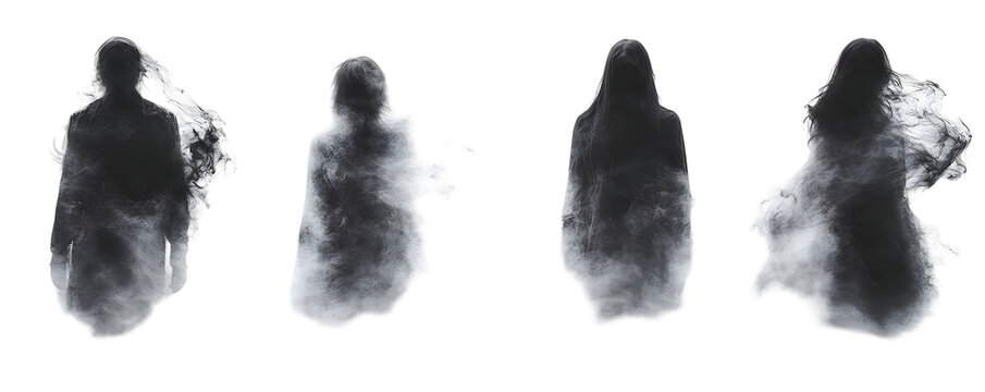 Four shadowy figures fade into smoke on a transparent background, perfect for Halloween and horror projects.
