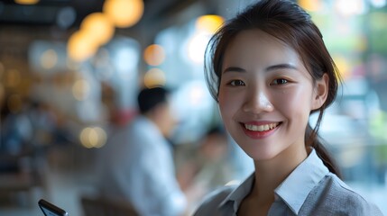 Obraz premium Cheerful Young Asian Woman Smiling in City Street with Blurred Background