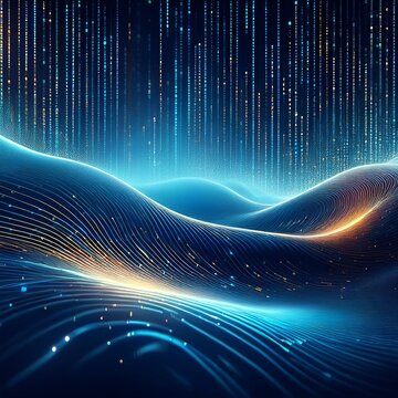Tech Waves Waves of binary code and data symbols flowing across oceans