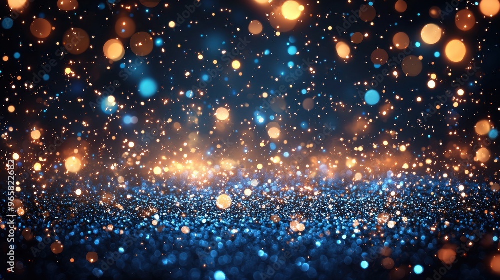 Poster sparkling blue and gold particles create a mesmerizing effect in a festive atmosphere during an even
