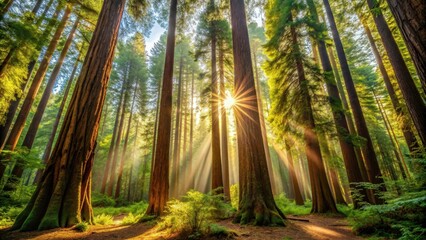 Sun rays filter through dense redwood trees in a peaceful forest setting, redwood trees, sun rays, forest, nature