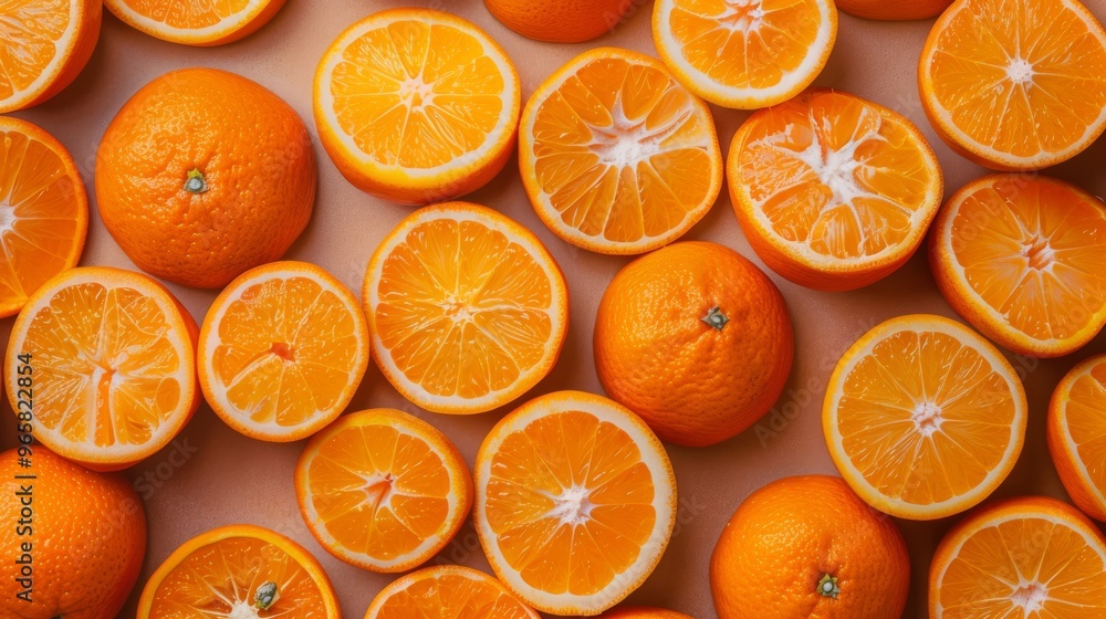 Poster A background filled with whole tangerines and tangerine slices arranged neatly, showcasing their bright orange hues.