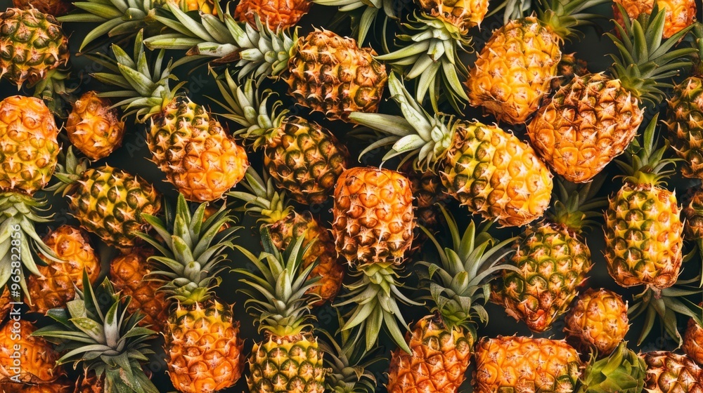 Poster a background filled with a repeated pineapple motif in various stages of ripeness, from green to gol