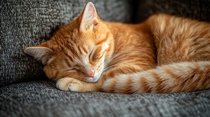 A peaceful orange cat sleeping on a textured gray couch.