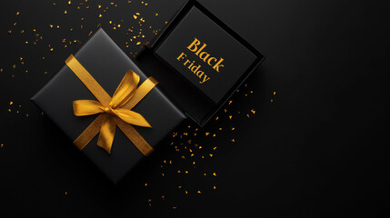 Czarne tło, baner z czarnym prezentem z żółtą wstążką i żółtym napisem 
