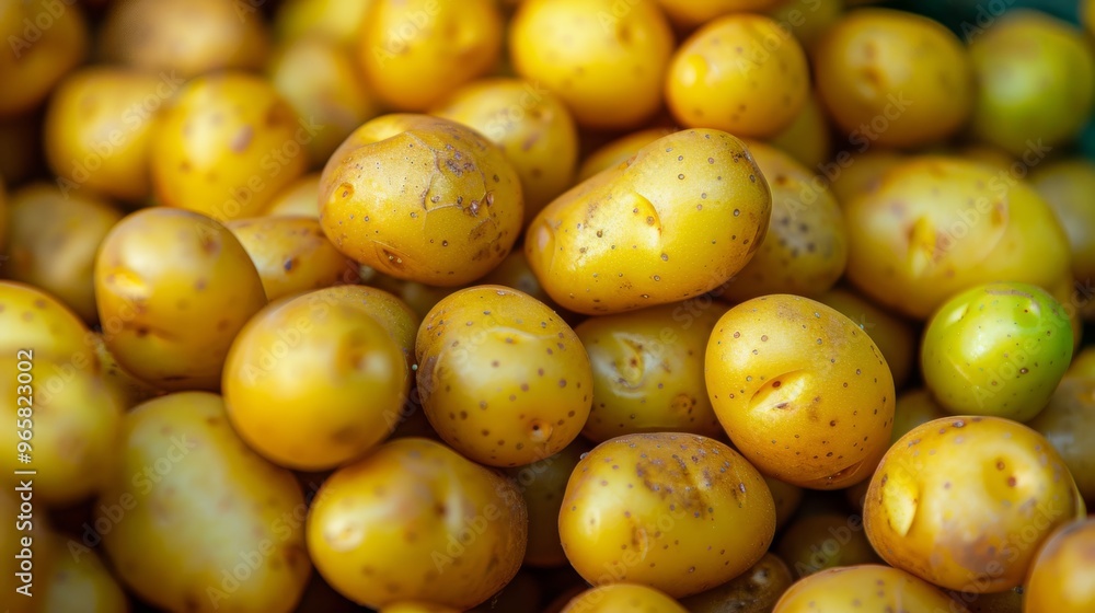 Poster a close-up of a pile of golden potatoes with a few green ones mixed in