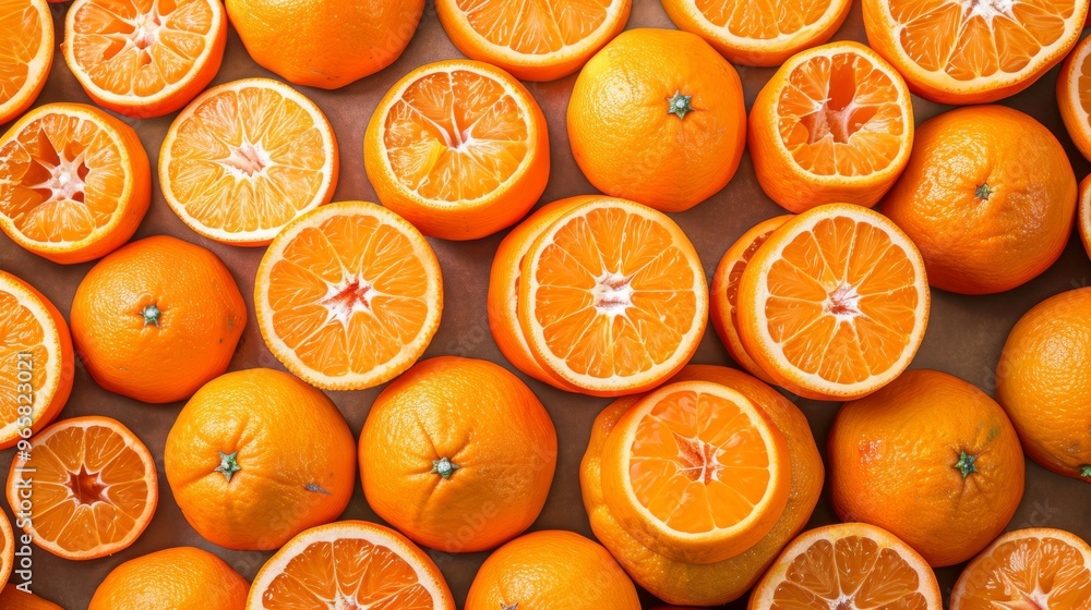 Poster a background filled with whole tangerines and tangerine slices arranged neatly, showcasing their bri