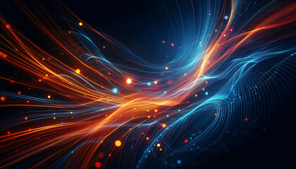 Abstract dynamic flowing lines in vibrant orange blue hues composition evokes a feeling of motion and light suggesting a digital or futuristic theme against a dark background