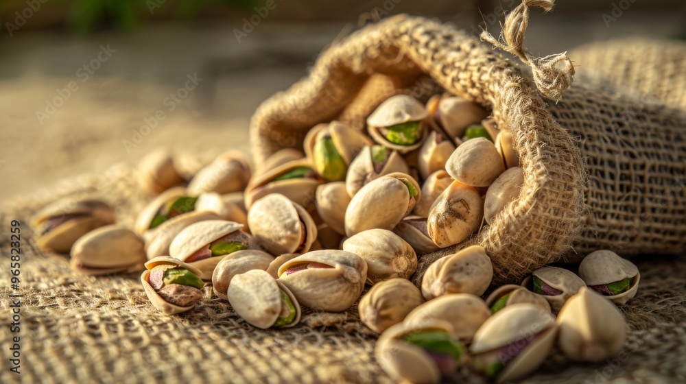 Poster a close-up of shelled pistachio nuts spilling out of a small burlap pouch, with a soft-focus backgro
