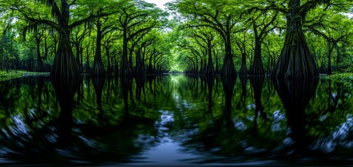 Naklejka premium Serene view of a lush green forest mirrored on calm water, showcasing vibrant cypress trees in a tranquil natural setting.