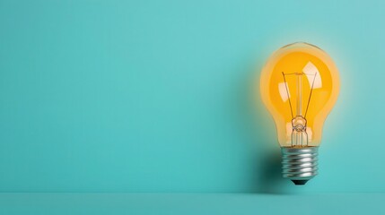 A glowing light bulb on a vibrant turquoise background, symbolizing creativity, ideas, and innovation in a modern setting. Isolated clean background