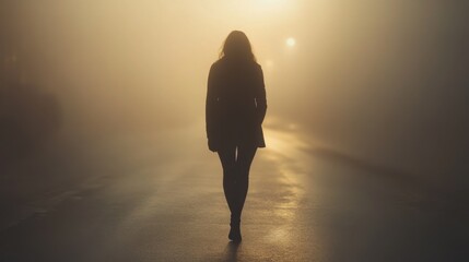 Solitude in the Mist - Silhouette of a Person Walking Away Down a Foggy Street Symbolizing Isolation and Farewell