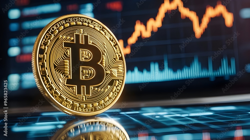 Fototapete a dynamic image showing a coin placed on top of a digital trading chart displayed on a computer scre