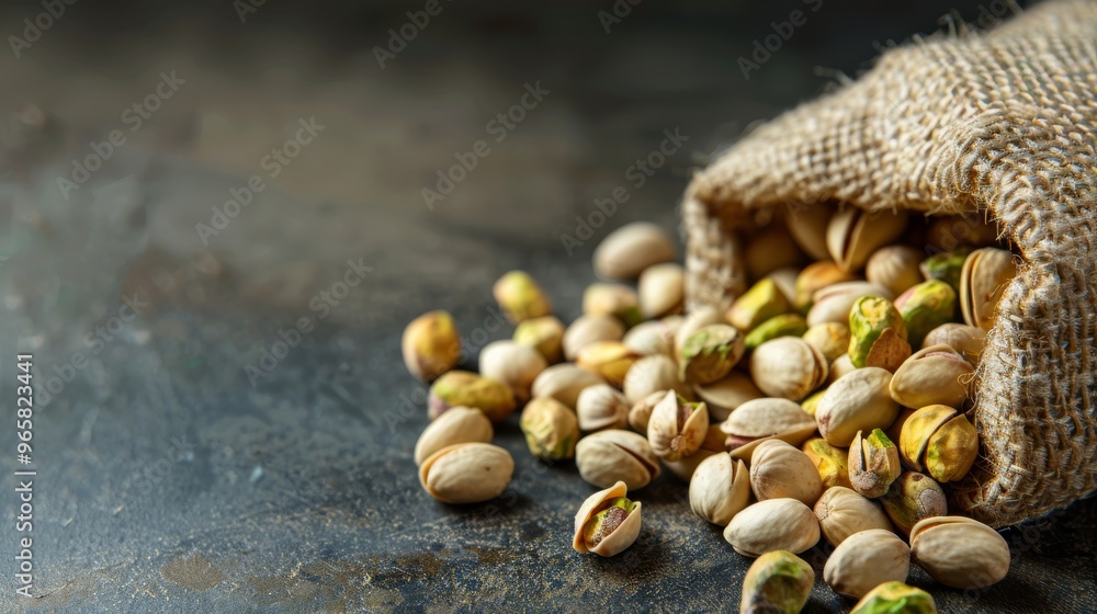 Poster a close-up of shelled pistachio nuts spilling out of a small burlap pouch, with a soft-focus backgro