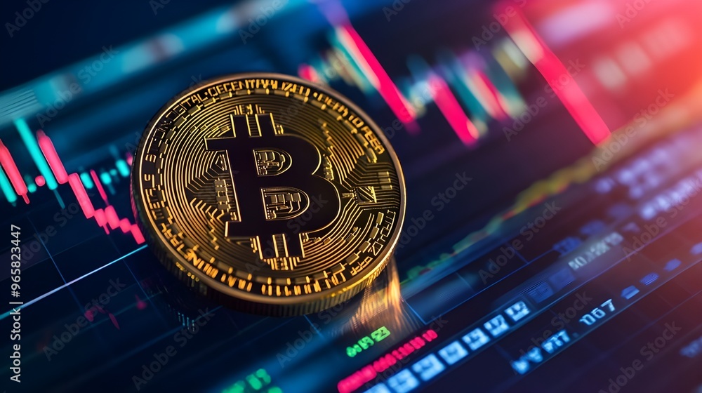 Fototapete a dynamic image showing a coin placed on top of a digital trading chart displayed on a computer scre