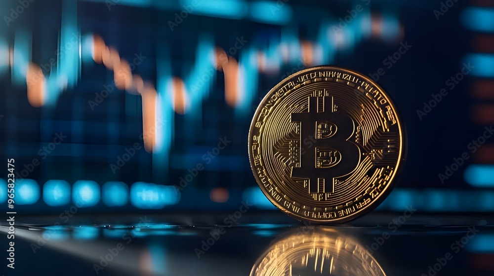 Poster a dynamic image showing a coin placed on top of a digital trading chart displayed on a computer scre