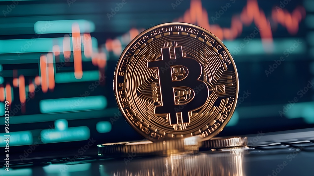 Poster a dynamic image showing a coin placed on top of a digital trading chart displayed on a computer scre