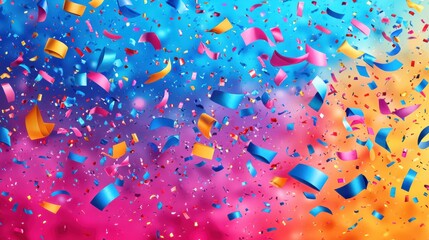 Festive celebration with colorful confetti and vibrant backgrounds in shades of blue, pink, and orange creating a joyful atmosphere