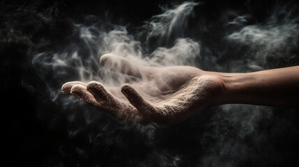 A human hand reaching out, dissolving into a cloud of powder, symbolizing the loss of control in addiction