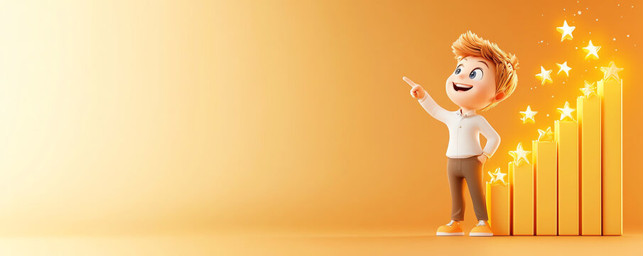 Cheerful child pointing at a shining bar graph with stars, symbolizing growth and potential in a vibrant orange background.
