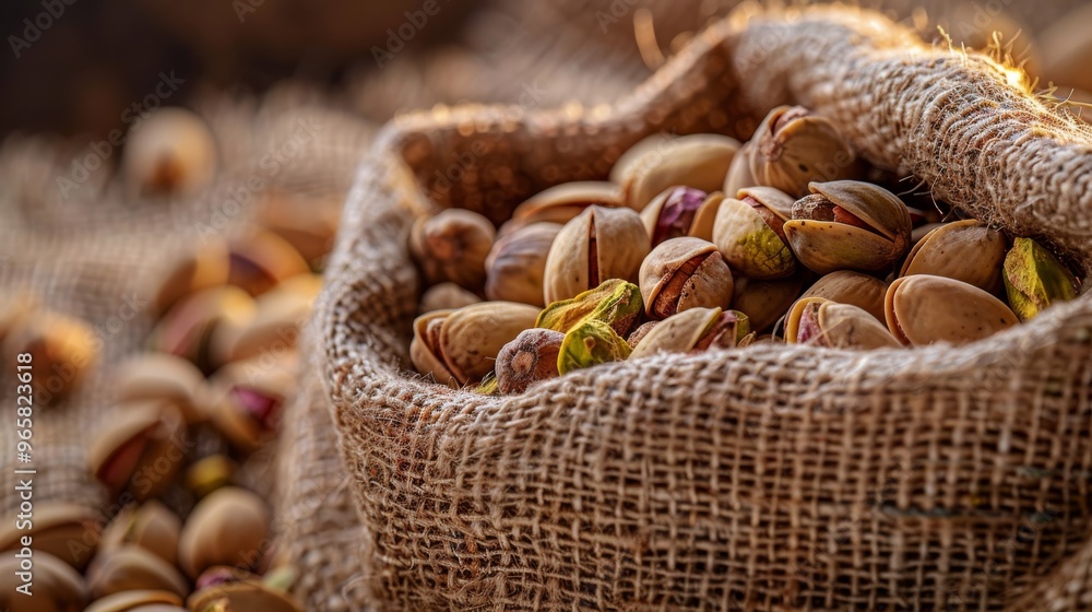 Poster a close-up view of pistachio nuts in a burlap sack, with a focus on the nuts and their natural color