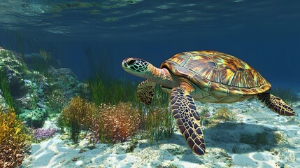 Obraz premium Sea Turtle Swimming in Coral Reef.
