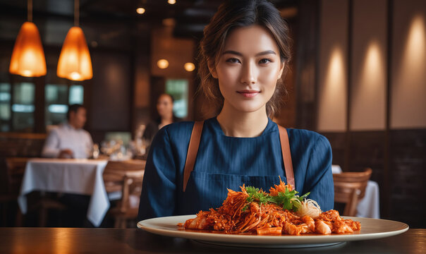 A smiling waitress presents a plate of food in a restaurant
