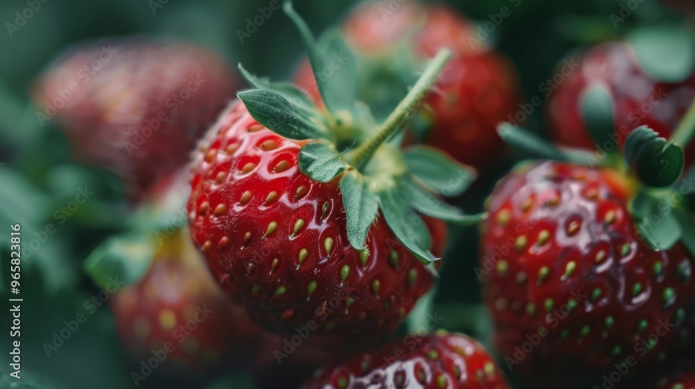 Poster a close-up view of strawberries with their green tops and red flesh prominently displayed, on a subt