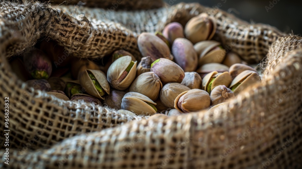 Poster a close-up view of pistachio nuts in a burlap sack, with a focus on the nuts and their natural color