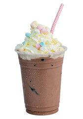 Cold chocolate on iced with straw, whipped cream with marshmallow in plastic to go cup, blank label...
