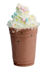 Cold chocolate on iced with whipped cream with marshmallow in plastic to go cup, blank label for iced chocolate mockup. Iced chocolate drink clean cut clipping path isolated on white.