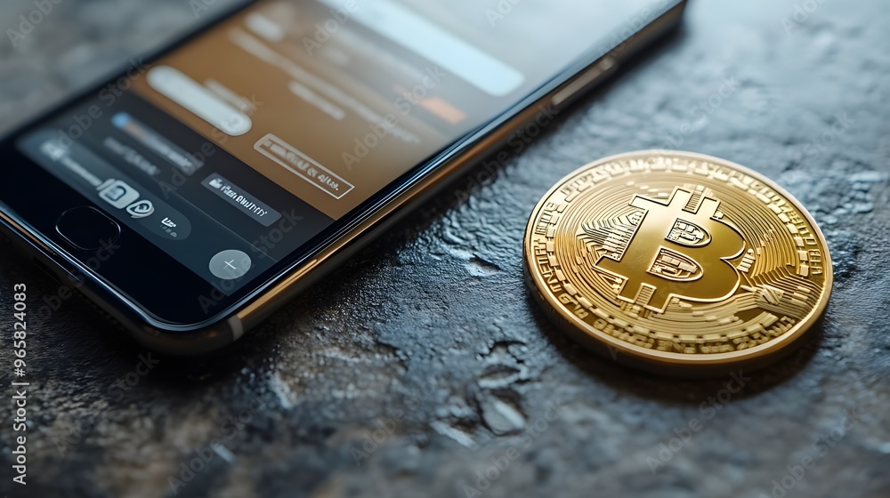 Poster a close-up shot of a smartphone screen showing a digital wallet with coin transactions, placed next 