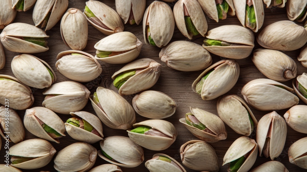 Poster a detailed close-up of pistachio nuts arranged in a pattern on a wooden platter, emphasizing their g
