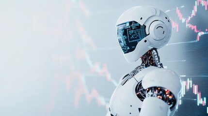 Obraz premium Elegant robot using AI to forecast market trends, simple charts and graphs floating in the air, a bright, serene atmosphere
