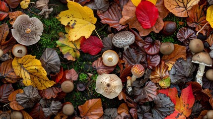 A dense, textured pattern of various mushrooms growing on a forest floor, including toadstools and shelf fungi, surrounded by fallen leaves and moss.
