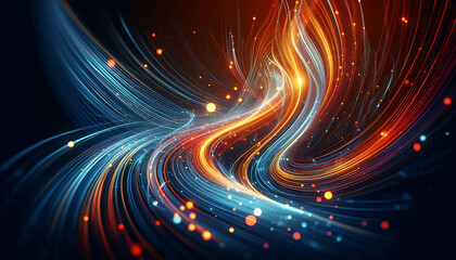 Abstract dynamic flowing lines in vibrant orange blue hues composition evokes a feeling of motion and light suggesting a digital or futuristic theme against a dark background