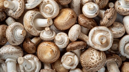 Obraz premium A detailed shot of a field of mushrooms with varied textures and colors, including white button and portobello mushrooms, against a soft, neutral background.
