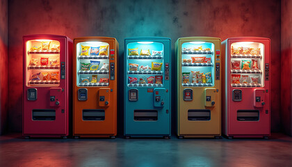 Retro vending machines filled with nostalgic snacks glowing against a textured background