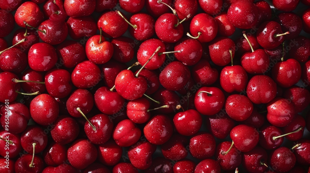 Poster A fresh and colorful background composed of cherries arranged in an overlapping pattern, showcasing their natural gloss and texture