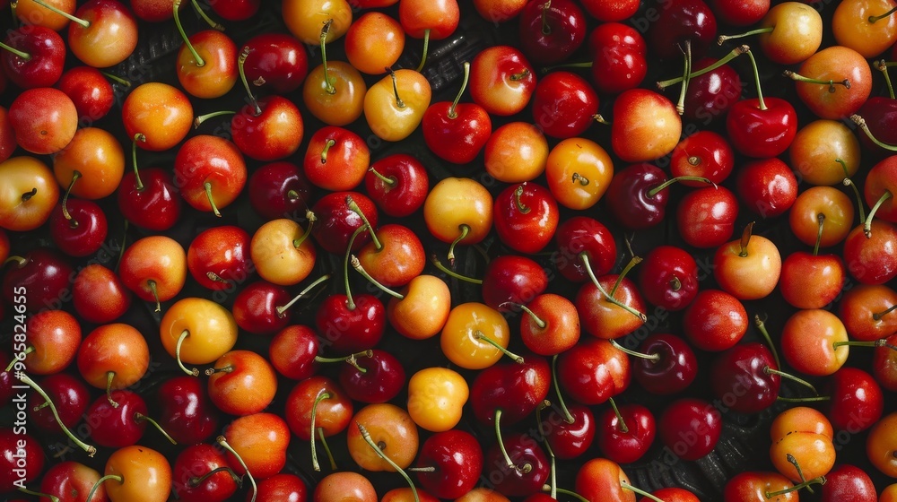 Poster A fresh and colorful background composed of cherries arranged in an overlapping pattern, showcasing their natural gloss and texture