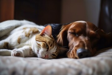 Obraz premium Sleeping Dog and Cat Snuggled Together Under the Moon
