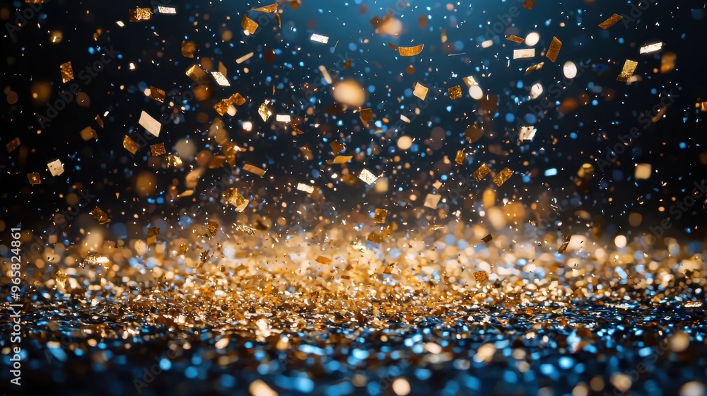 Poster a vibrant display of shimmering gold and blue glitter cascading against a dark backdrop, creating a 
