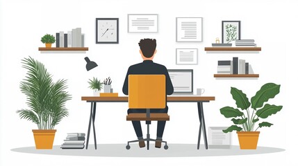 Man Working at Home Office Desk with Plants and Shelves Illustrations