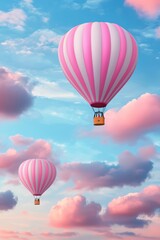 Fototapeta premium Hot air balloons in a fantasy sky, soft clouds, dreamy pastel palette, 3D illustration