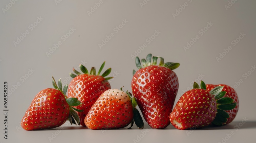 Poster a group of strawberries with varying sizes and angles, showing their juicy flesh and glossy surface,