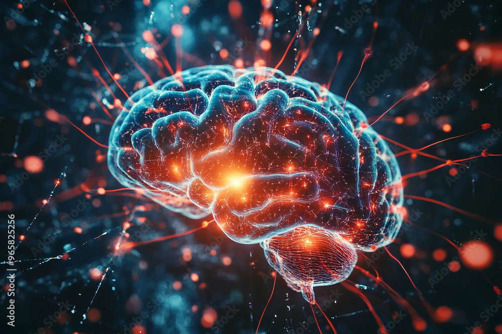Poster a digital representation of a brain with neural connections and glowing elements.