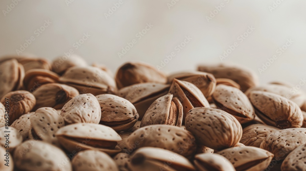 Poster a heap of raw almonds with their brown shells intact